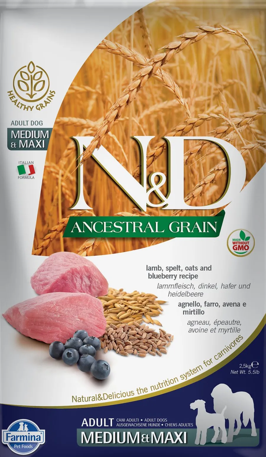 Sale Farmina N&D Ancestral Grain Lamb & Blueberry Medium & Maxi Adult Dry Dog Food, 26.4-lb