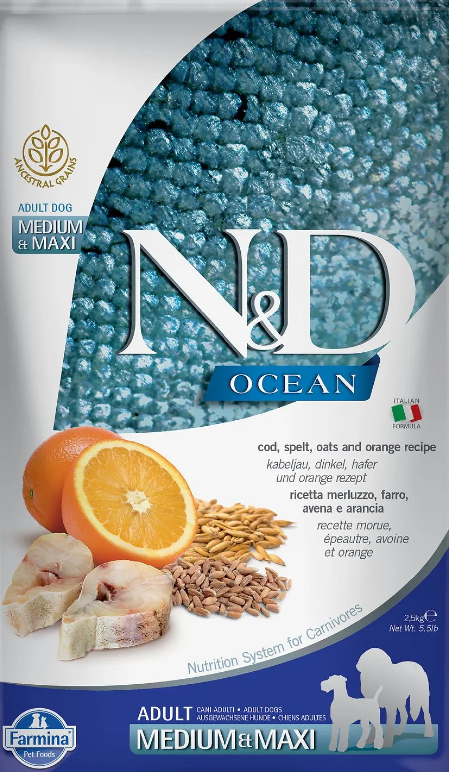 Best Sale Farmina N&D Ocean Cod, Spelt, Oats & Orange Medium & Maxi Adult Dry Dog Food, 26.4-lb